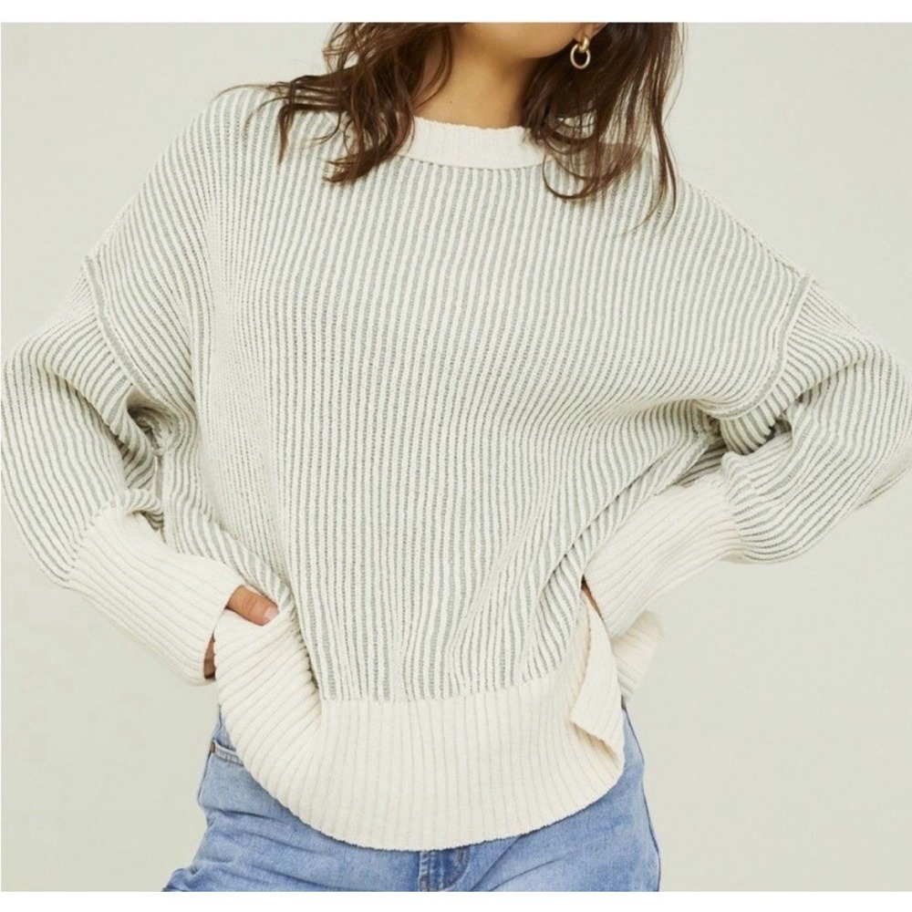 Altar'd State Alison‎ Matte Chenille Pullover Sweater Blue White Stripe Size XL